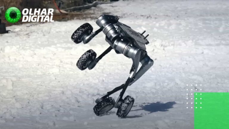 Cão-robô com rodas nos pés faz manobras na neve