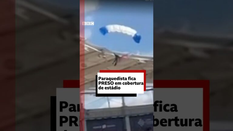 Paraquedista fica pendurado no teto de estádio na França #bbcnewsbrasil