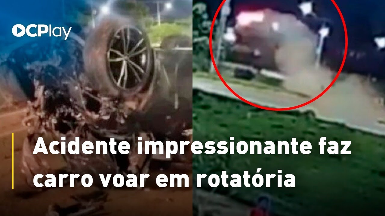 Acidente impressionante faz carro voar em rotatória