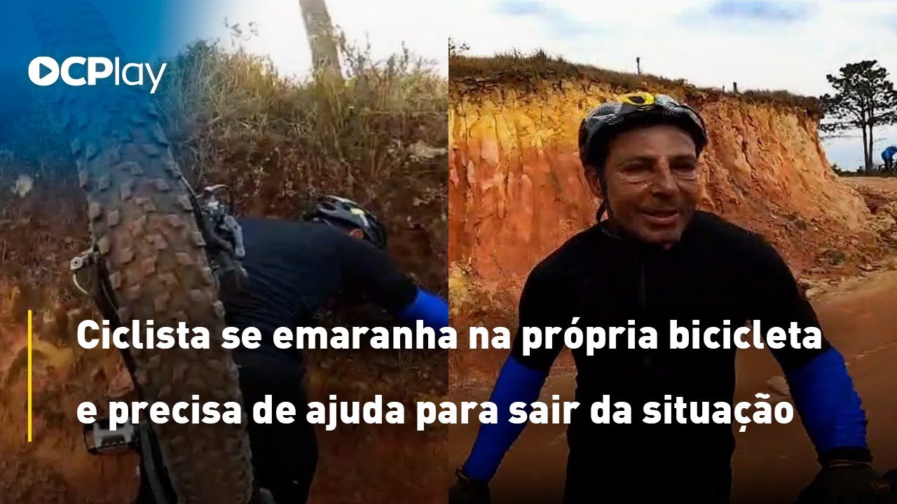 Ciclista se emaranha na própria bicicleta e precisa de ajuda para sair da situação