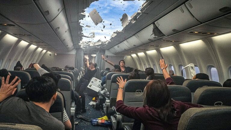 Um avião que pousou após o teto se romper