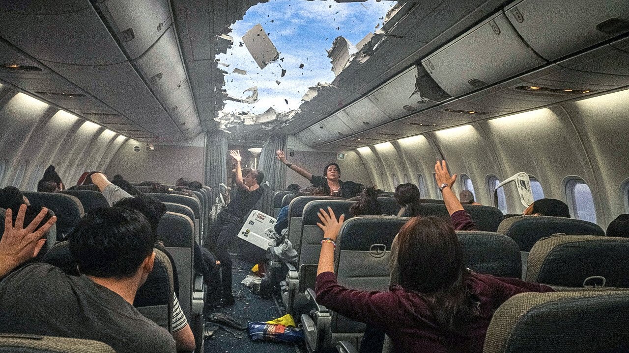 Um avião que pousou após o teto se romper