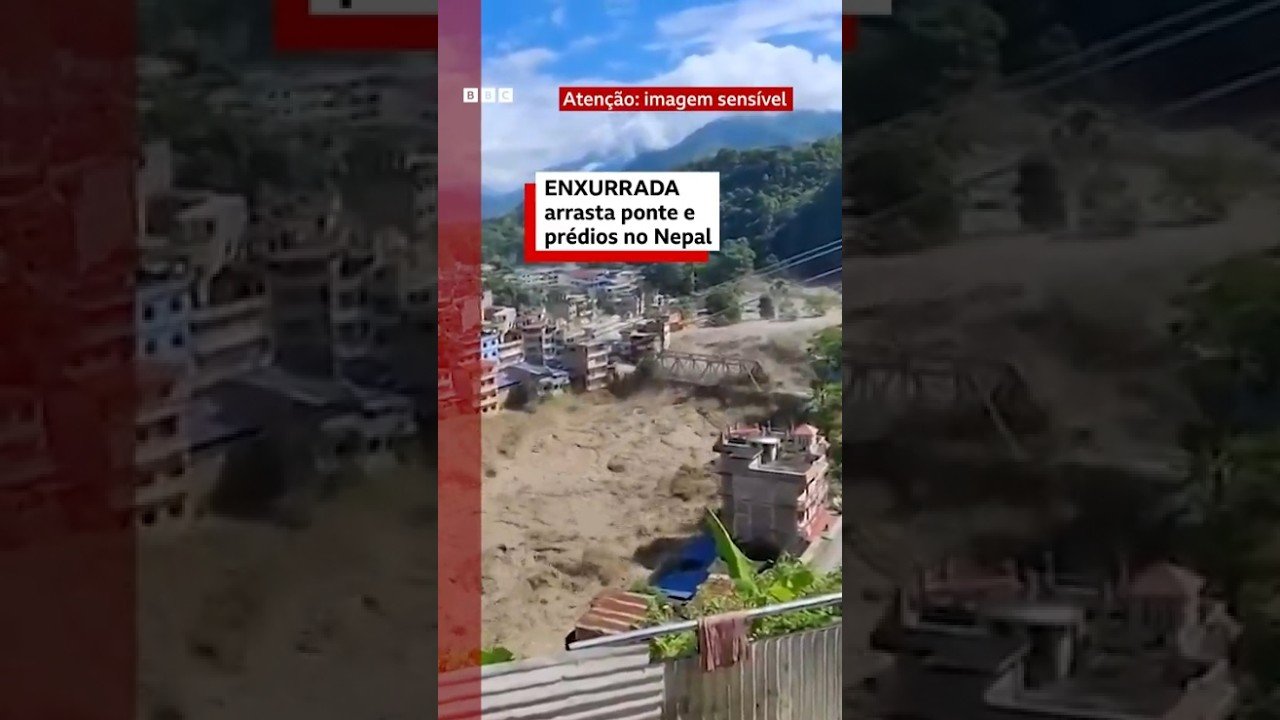 O momento que ponte e prédios são arrastados pela enxurrada no Nepal