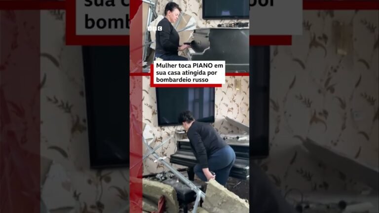 Mulher toca piano em sua casa atingida por bombardeio russo